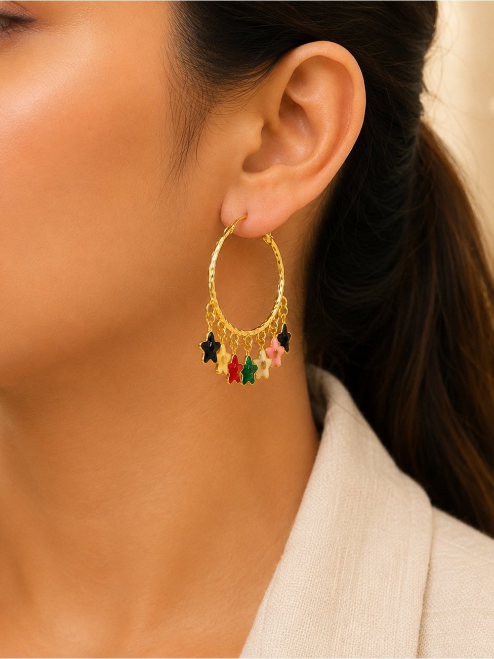 Gold Hoop Earrings with Multicolor Star Charms